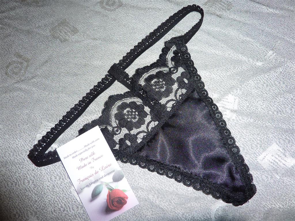 Black satin and lace G string